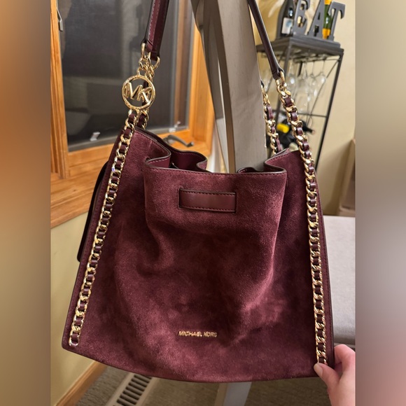 Michael Kors burgundy Suede Mina Shoulder Bag with Gold Chain - Picture 1 of 14
